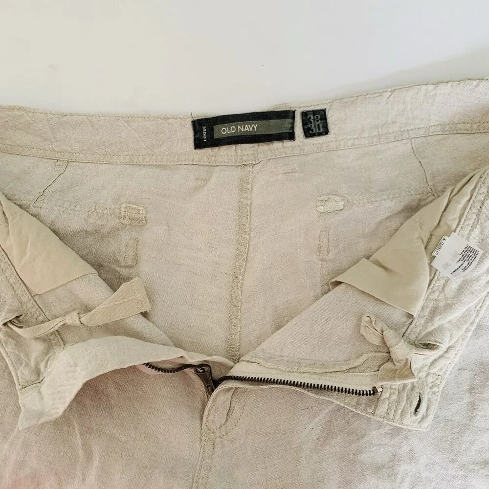 Old Navy Loose 100%‎ Linen Pants Mens 38x30 Beige Straight Flat Front Beach Y2K